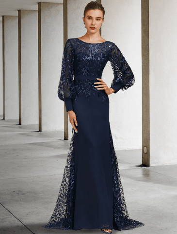 Meerjungfrau/Trompete Kleid für die Brautmutter, Vintage, elegant, Rundhalsausschnitt, Schleppe, Chiffon, Spitze, lange Ärmel mit Paillettenrüschen