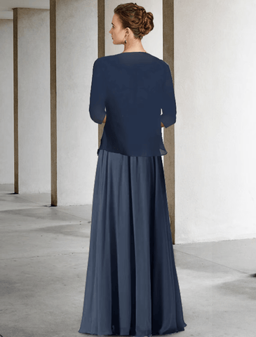 Zweiteiliges A-Linien-Kleid für die Brautmutter in Übergröße, elegant, hoher und niedriger V-Ausschnitt, asymmetrisch, bodenlang, Chiffon, Spitze, halbe Ärmel, Wickeljacke inklusive, Kleider mit Faltenapplikationen