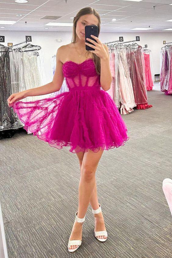 Vestido de Corsé de Tul Fuchsia en Línea A de Moda para Baile de Bienvenida Semiformal Y2861