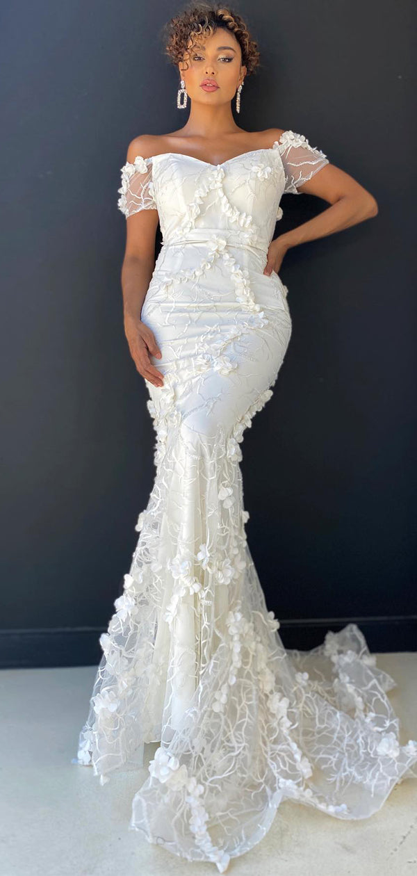 Elegante Spitze Off-Shoulder Meerjungfrau Lange Brautkleider.DB10066