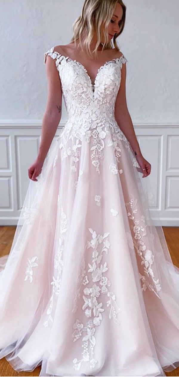 Sexy V-Neck Spaghetti Straps A-line Open Back Lace Wedding Dresses.DB10050