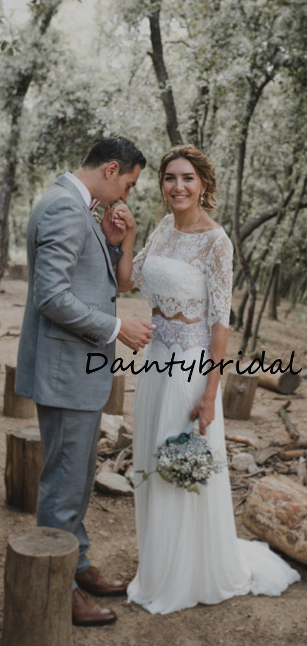 Einfaches, modisches U-Ausschnitt-Spitzen-Chiffon-Kurzarm-Zweiteiler-Abend-Party-Langes Brautkleid, DB10691