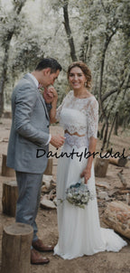Einfaches, modisches U-Ausschnitt-Spitzen-Chiffon-Kurzarm-Zweiteiler-Abend-Party-Langes Brautkleid, DB10691
