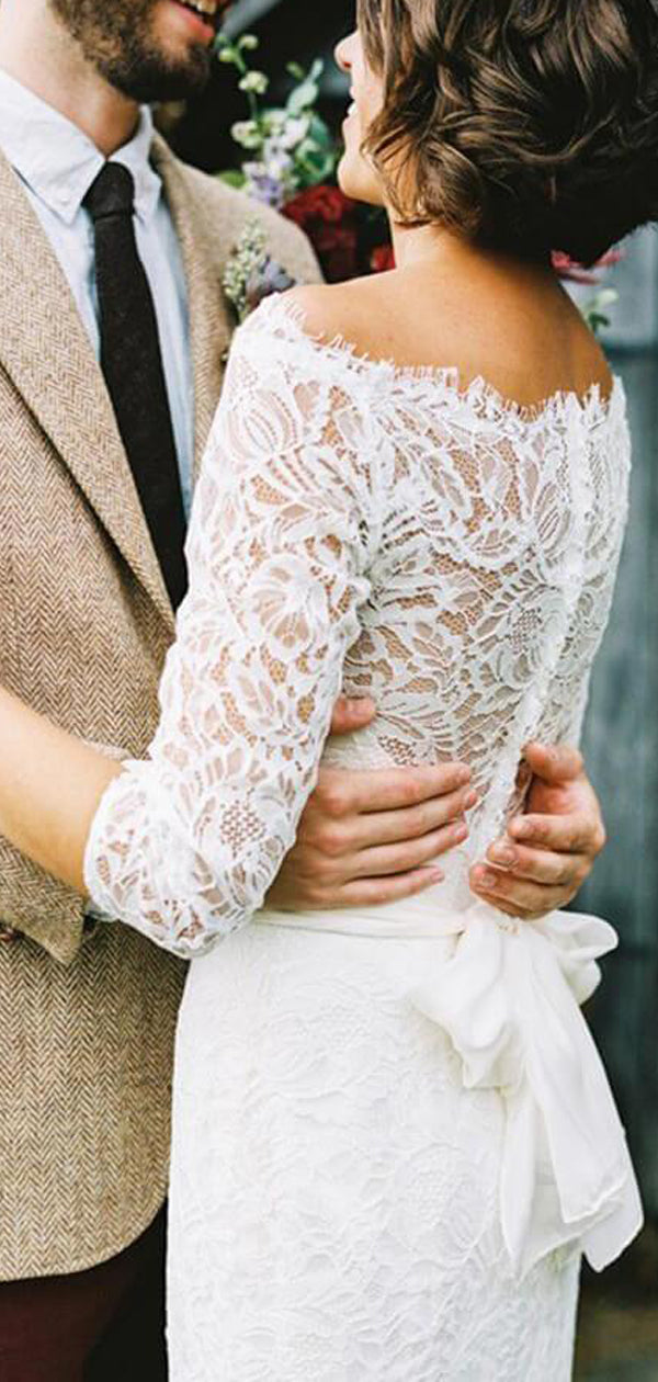 Simple Round Neck Cap Sleeve Lace 3/4Sleeves Wedding Dresses.DB10471