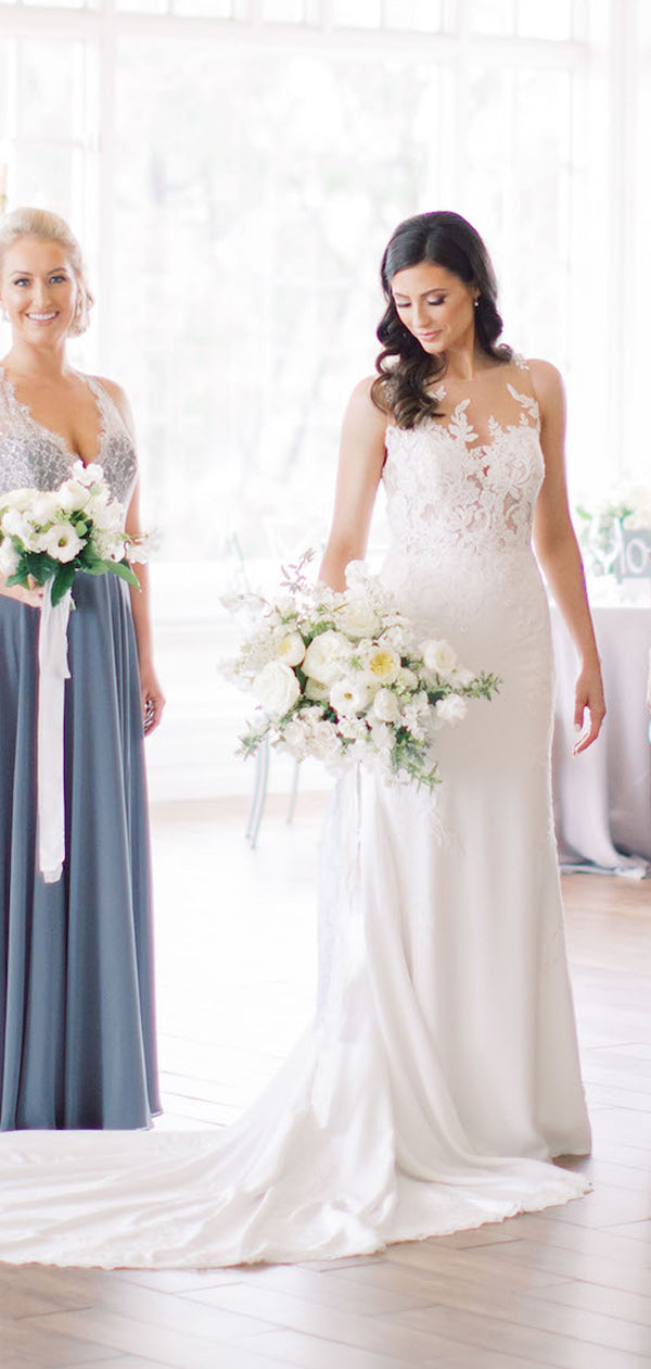 Vestido de novia sirena con escote en V, tul, encaje y aplicaciones sexy, DB10268