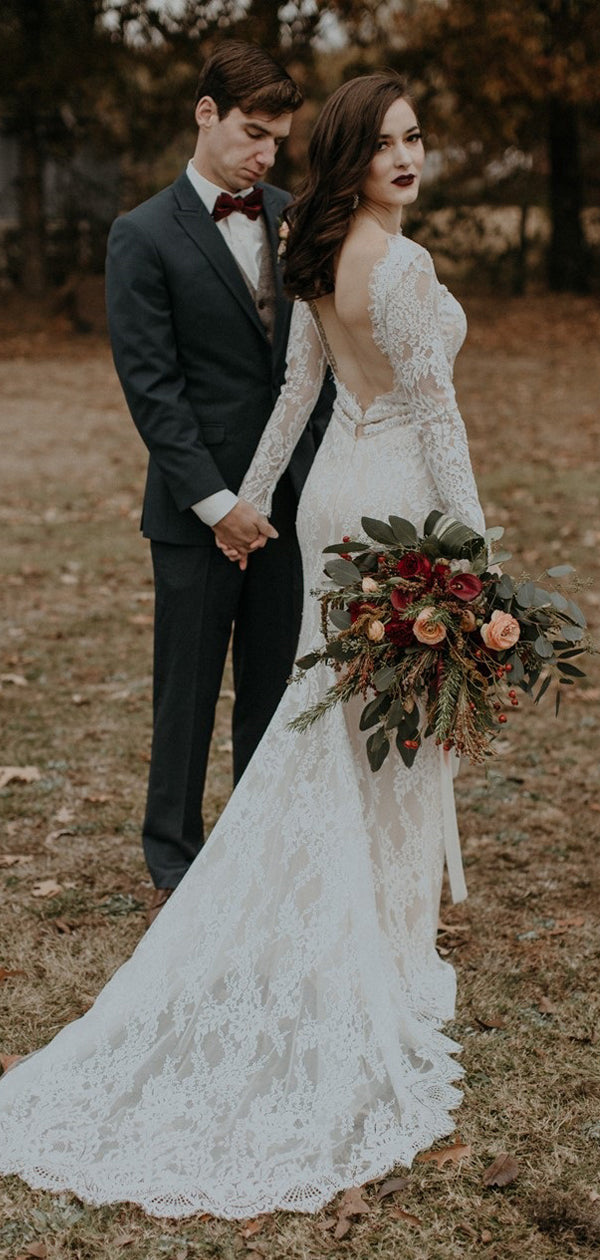 Meerjungfrau Rundhalsausschnitt Lange Ärmel Spitze Lange Brautkleider.DB10043