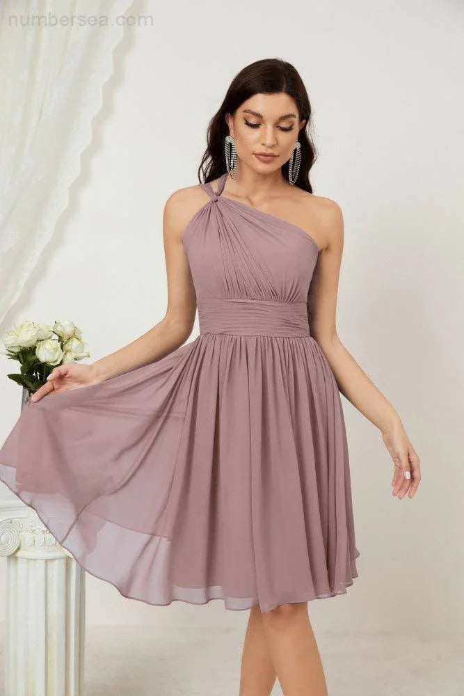Vestido de dama de honor corto de chiffon de un hombro Numbersea para mujer Vestidos formales para fiesta y regreso a casa 2804