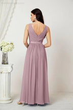 Abito da Sera Donna in Chiffon Lungo per Damigelle, Scollato, Senza Maniche, Linea A, per Feste Serali, Ballo di Fine Anno e Homecoming, Modello 2808