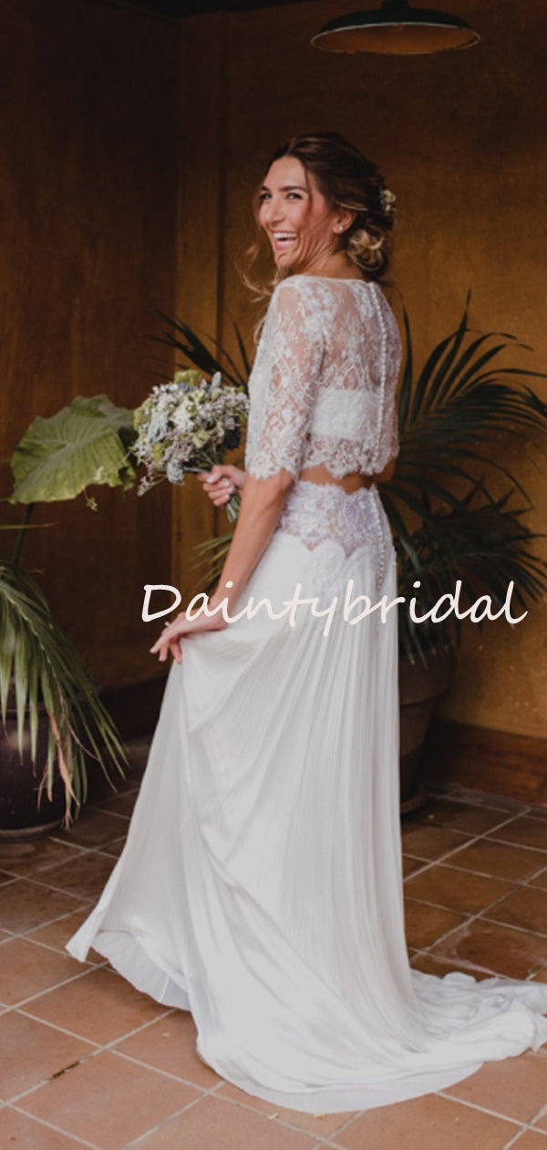 Einfaches, modisches U-Ausschnitt-Spitzen-Chiffon-Kurzarm-Zweiteiler-Abend-Party-Langes Brautkleid, DB10691