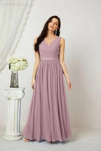 Abito da Sera Donna in Chiffon Lungo per Damigelle, Scollato, Senza Maniche, Linea A, per Feste Serali, Ballo di Fine Anno e Homecoming, Modello 2808