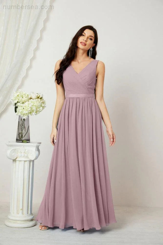 Vestido de dama de honor largo de gasa para mujer, línea A sin mangas, vestido formal de baile de graduación para fiesta nocturna, vestido de regreso a casa 2808