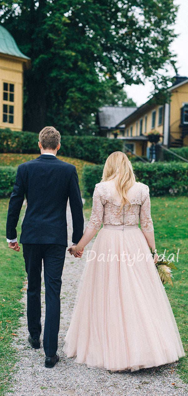 Gogerous V-neck Lace Tulle A-line 1/2 Sleeve Wedding Dresses Evening Dresses.DB10617