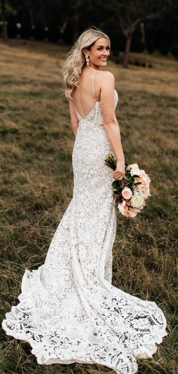 Meerjungfrau V-Ausschnitt Spaghettiträger Spitze Ärmellose Brautkleider.DB10083