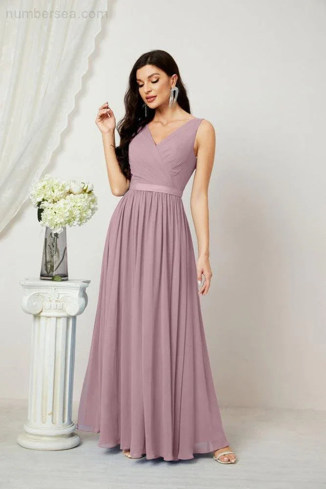 Abito da Sera Donna in Chiffon Lungo per Damigelle, Scollato, Senza Maniche, Linea A, per Feste Serali, Ballo di Fine Anno e Homecoming, Modello 2808