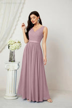Abito da Sera Donna in Chiffon Lungo per Damigelle, Scollato, Senza Maniche, Linea A, per Feste Serali, Ballo di Fine Anno e Homecoming, Modello 2808