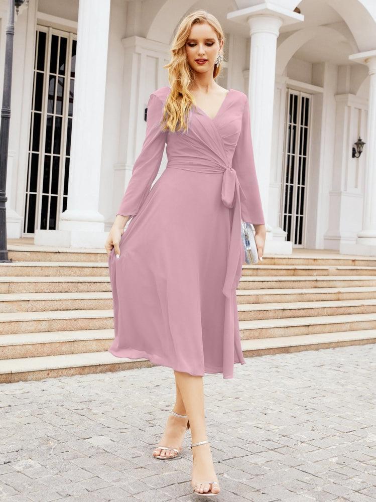 Vestido de madrinha com decote em V e cinto para mãe da noiva e convidada de casamento 28031 