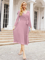 Vestido de madrinha com decote em V e cinto para mãe da noiva e convidada de casamento 28031 