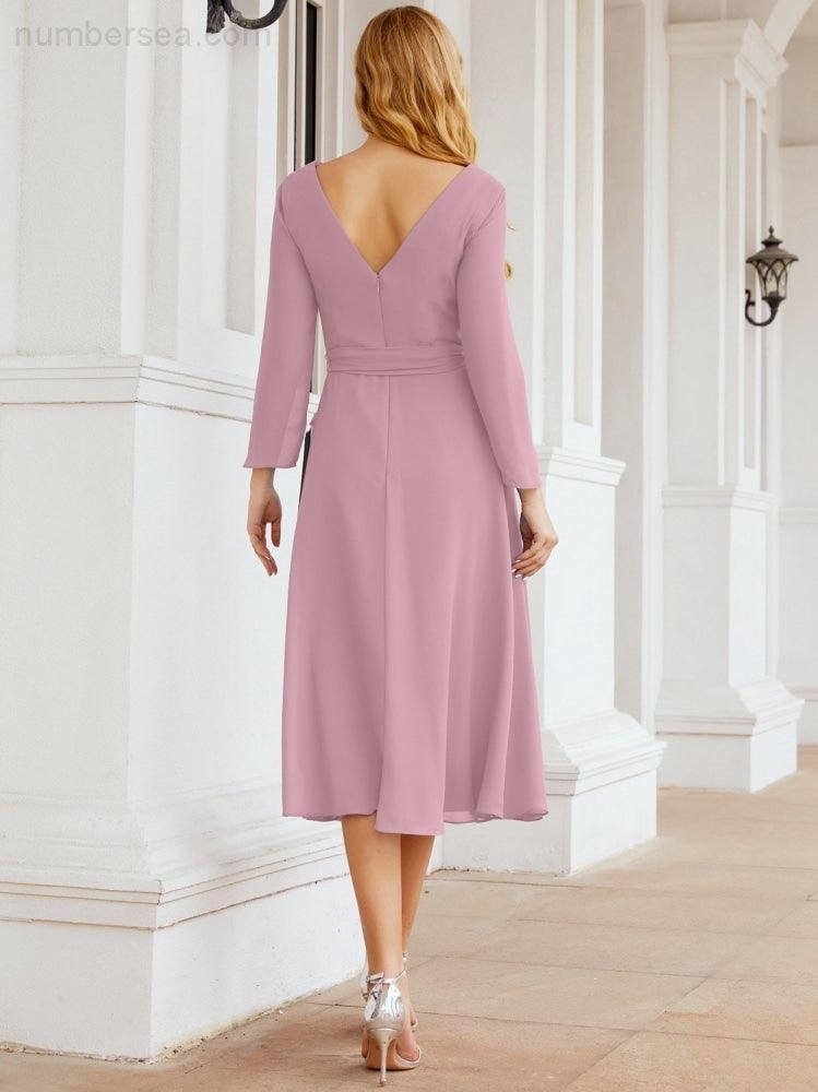 Vestido de madrinha com decote em V e cinto para mãe da noiva e convidada de casamento 28031 