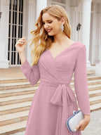 Vestido de madrinha com decote em V e cinto para mãe da noiva e convidada de casamento 28031 