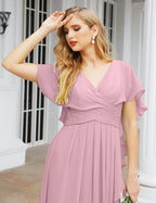 Numbersea Chiffon Bridesmaid Dresses Long Formal Evening Prom Mother of The Bride Dress with Flutter Sleeve     SEA28040