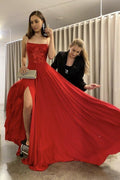 Rotes Chiffon A-Linie Spaghettiträger Langes Ballkleid Abendkleid PSK247