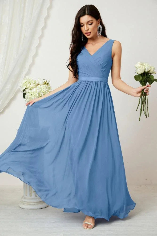 Vestido de dama de honor largo de gasa para mujer, línea A sin mangas, vestido formal de baile de graduación para fiesta nocturna, vestido de regreso a casa 2808