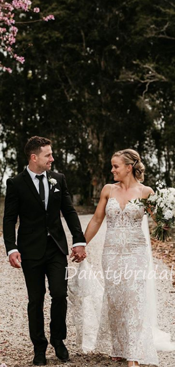 Neue Ankunft V-Ausschnitt Tüll Spitze Meerjungfrau Open Back Lange Brautkleider.DB10480