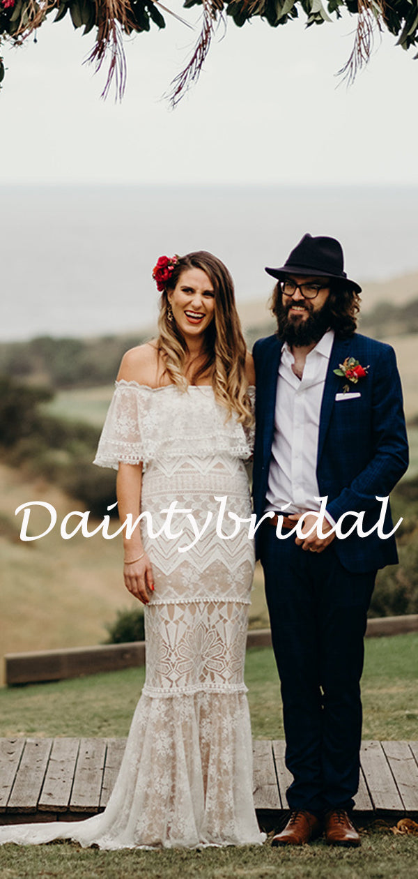 Vestidos de noiva compridos, simples, a direito, de tule e renda, estilo sereia. DB10785 