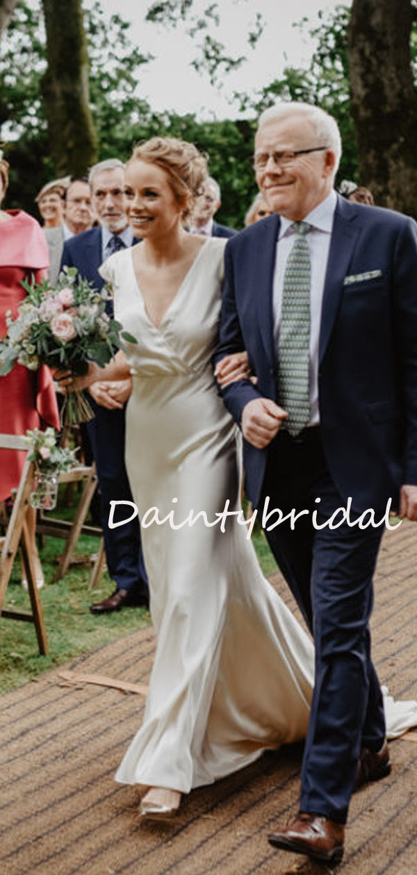 Vestidos de noiva compridos, sensuais, com decote em V, costas abertas, simples e macios, em cetim, DB10685