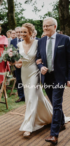 Vestidos de noiva compridos, sensuais, com decote em V, costas abertas, simples e macios, em cetim, DB10685