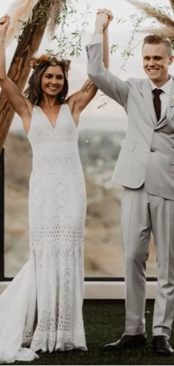 Abiti da sposa sexy con scollo a V, pizzo e strascico, DB10270