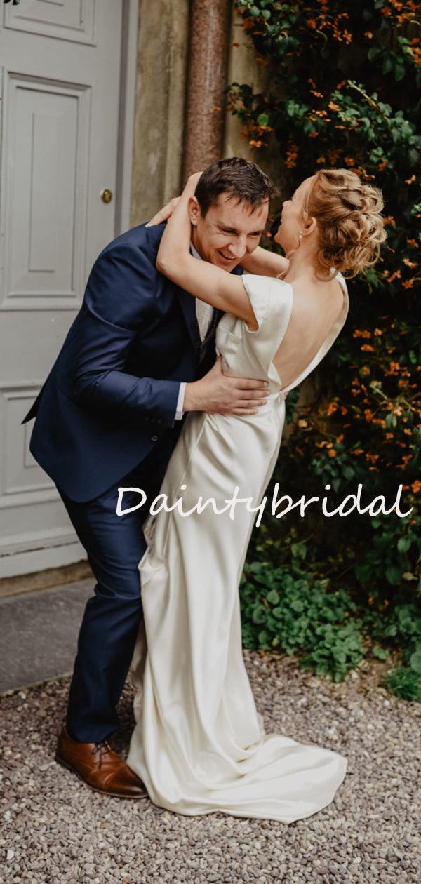 Vestidos de noiva compridos, sensuais, com decote em V, costas abertas, simples e macios, em cetim, DB10685