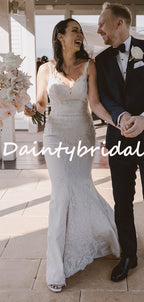 Pretty V-neck Simple Tulle Lace Mermaid Long Wedding Dresses, DB10739