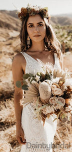 Abiti da sposa sexy con scollo a V, pizzo e strascico, DB10270