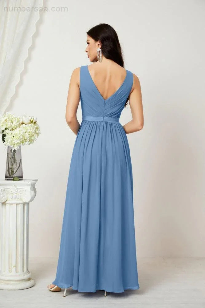 Abito da Sera Donna in Chiffon Lungo per Damigelle, Scollato, Senza Maniche, Linea A, per Feste Serali, Ballo di Fine Anno e Homecoming, Modello 2808