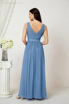 Abito da Sera Donna in Chiffon Lungo per Damigelle, Scollato, Senza Maniche, Linea A, per Feste Serali, Ballo di Fine Anno e Homecoming, Modello 2808