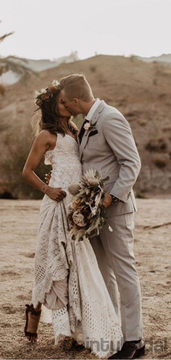 Abiti da sposa sexy con scollo a V, pizzo e strascico, DB10270
