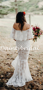 Vestidos de noiva compridos, simples, a direito, de tule e renda, estilo sereia. DB10785 