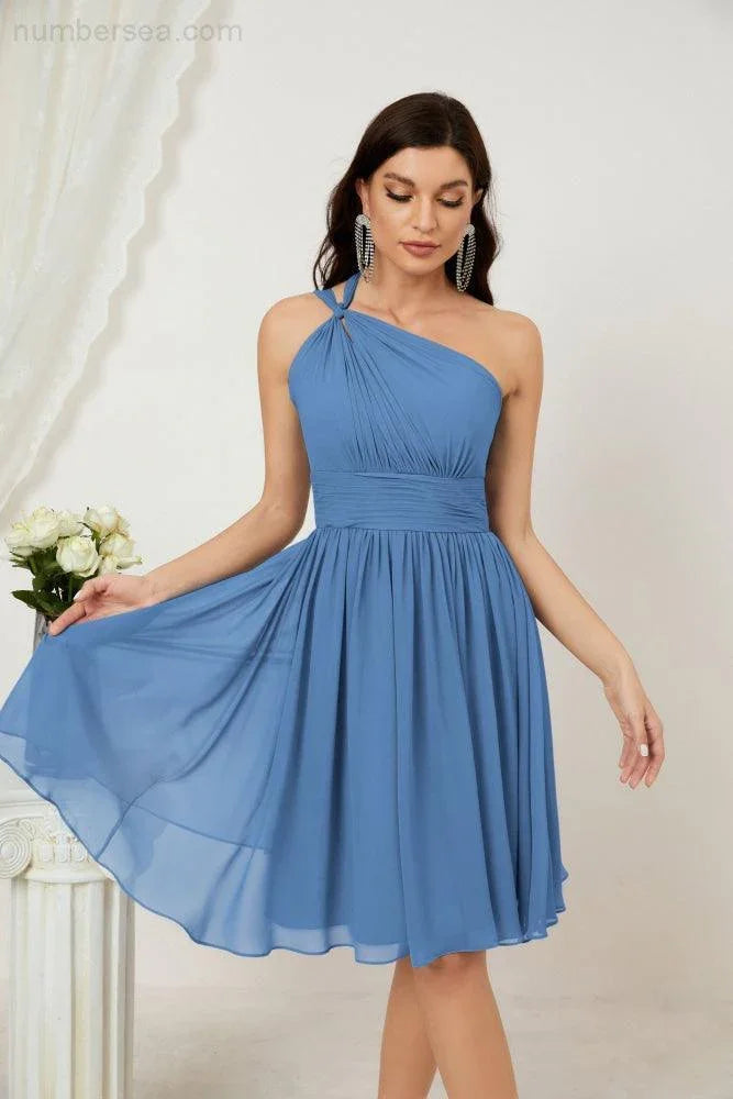 Vestido de dama de honor corto de chiffon de un hombro Numbersea para mujer Vestidos formales para fiesta y regreso a casa 2804