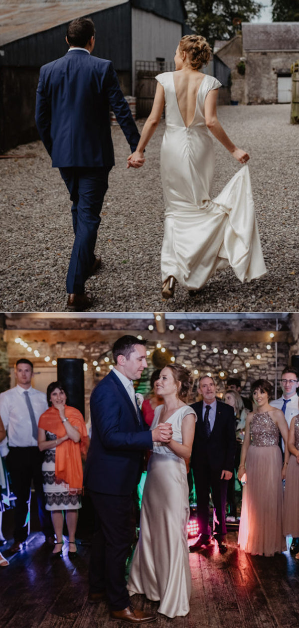 Vestidos de noiva compridos, sensuais, com decote em V, costas abertas, simples e macios, em cetim, DB10685