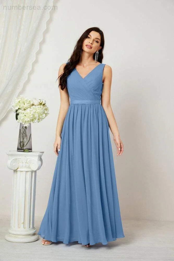 Abito da Sera Donna in Chiffon Lungo per Damigelle, Scollato, Senza Maniche, Linea A, per Feste Serali, Ballo di Fine Anno e Homecoming, Modello 2808
