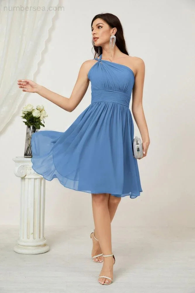 Vestido de dama de honor corto de chiffon de un hombro Numbersea para mujer Vestidos formales para fiesta y regreso a casa 2804