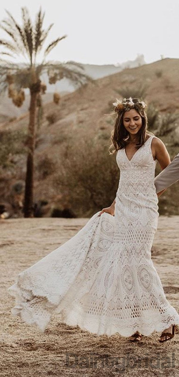 Abiti da sposa sexy con scollo a V, pizzo e strascico, DB10270
