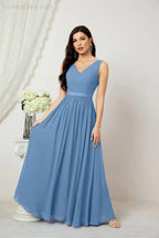 Abito da Sera Donna in Chiffon Lungo per Damigelle, Scollato, Senza Maniche, Linea A, per Feste Serali, Ballo di Fine Anno e Homecoming, Modello 2808