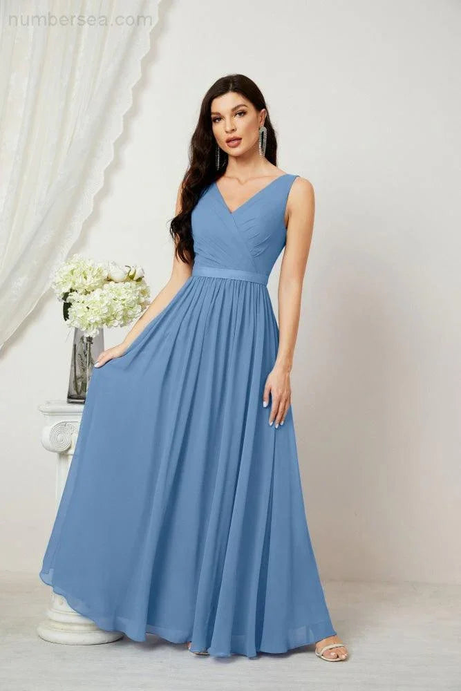 Abito da Sera Donna in Chiffon Lungo per Damigelle, Scollato, Senza Maniche, Linea A, per Feste Serali, Ballo di Fine Anno e Homecoming, Modello 2808