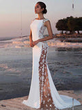 Abito da sposa elegante senza maniche a sirena lungo con applicazioni in tulle a linea A, WD0529
