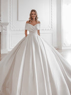 Elegantes schulterfreies A-Linien-Brautkleid aus weißem Satin, WD0530