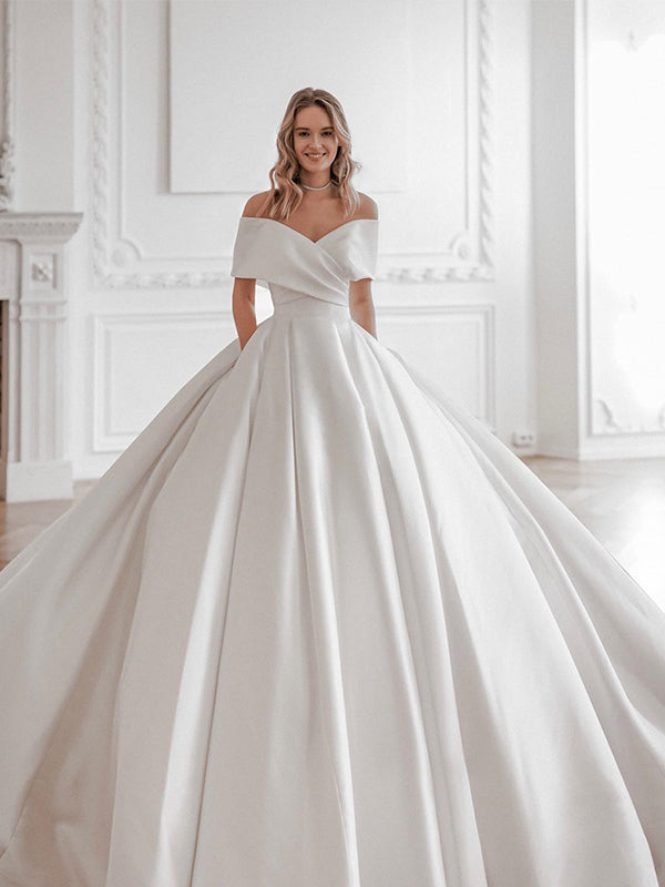 Elegantes schulterfreies A-Linien-Brautkleid aus weißem Satin, WD0530