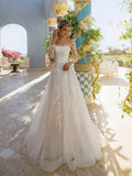 Abito da Sposa Bianco in Tulle con Maniche Lunghe Eleganti, Linea A e Applique, WD0532
