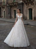 Vestidos de novia blancos de tul con aplicaciones, manga larga elegante y corte en A, WD0533